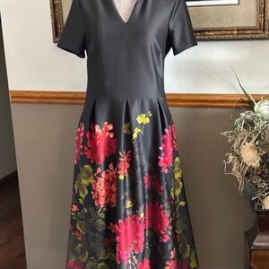 Donna Ricco Black Dress with Red and Green Floral Design